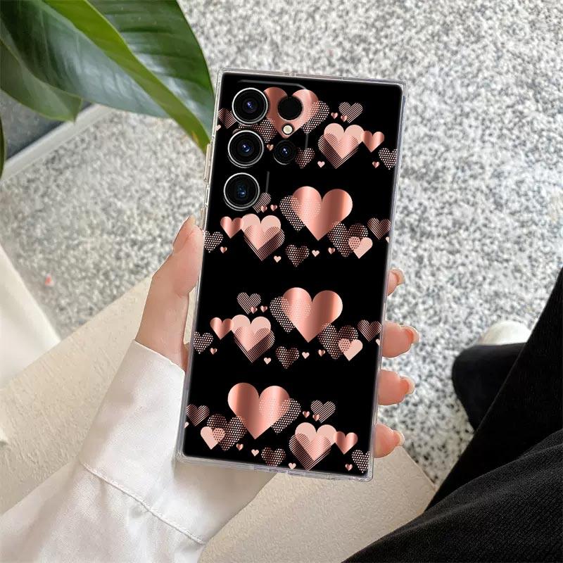 S25FE Case For Samsung Galaxy S26 S25 S24 S23 Ultra S20 S21 FE S22 Plus S26Ultra Phone Cover Pink Glitter Hearts Love Grass Leaf