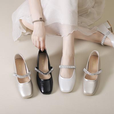 French Square Head Thick Heel Single Shoes Women's 2025 Spring and Autumn New Versatile One-word with Rhinestone Champagne Mary Jane Shoes
