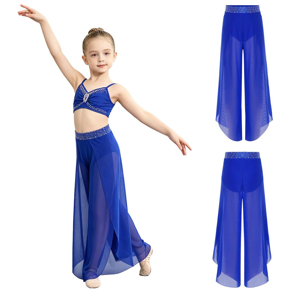 Kids Girls Lyrical Dance Pants Shiny Rhinestone Waistband Side Split Mesh Trousers for Stage Performance Competition