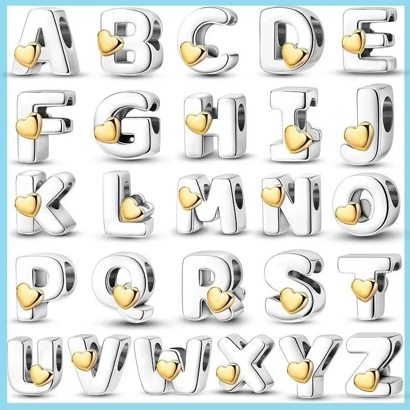 925 Silver 26 A-Z Letter Alphabet Parts English Word Beads Pendent Charms Metal Steel Golden DIY Bracelet Necklace Jewelry Gift