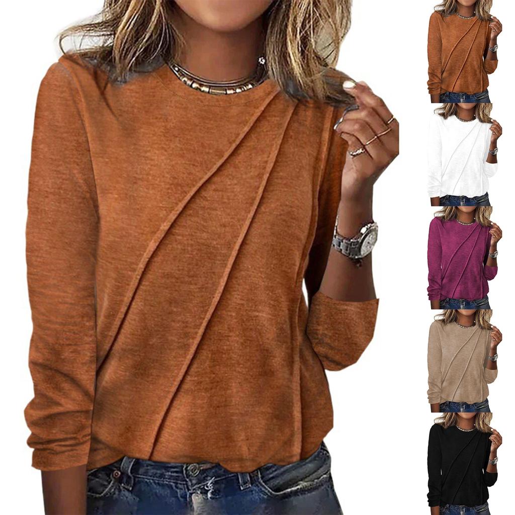 Women's Long Sleeve Shirt Pleated Round Neck Casual Loose Fashion Tops