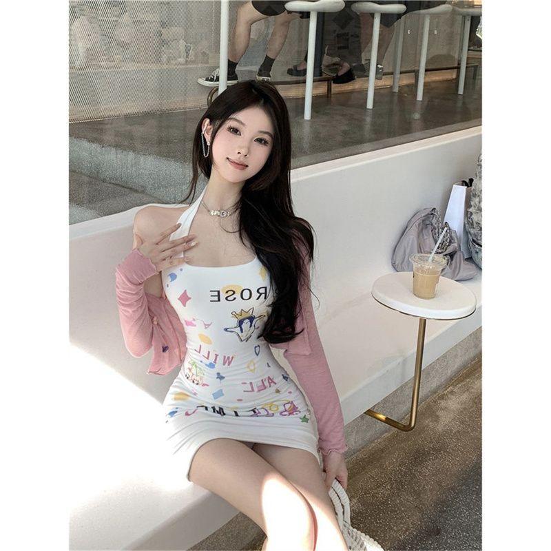 American sweet and cool graffiti print neck sling dress female summer hottie sexy slim slim slim hip skirt