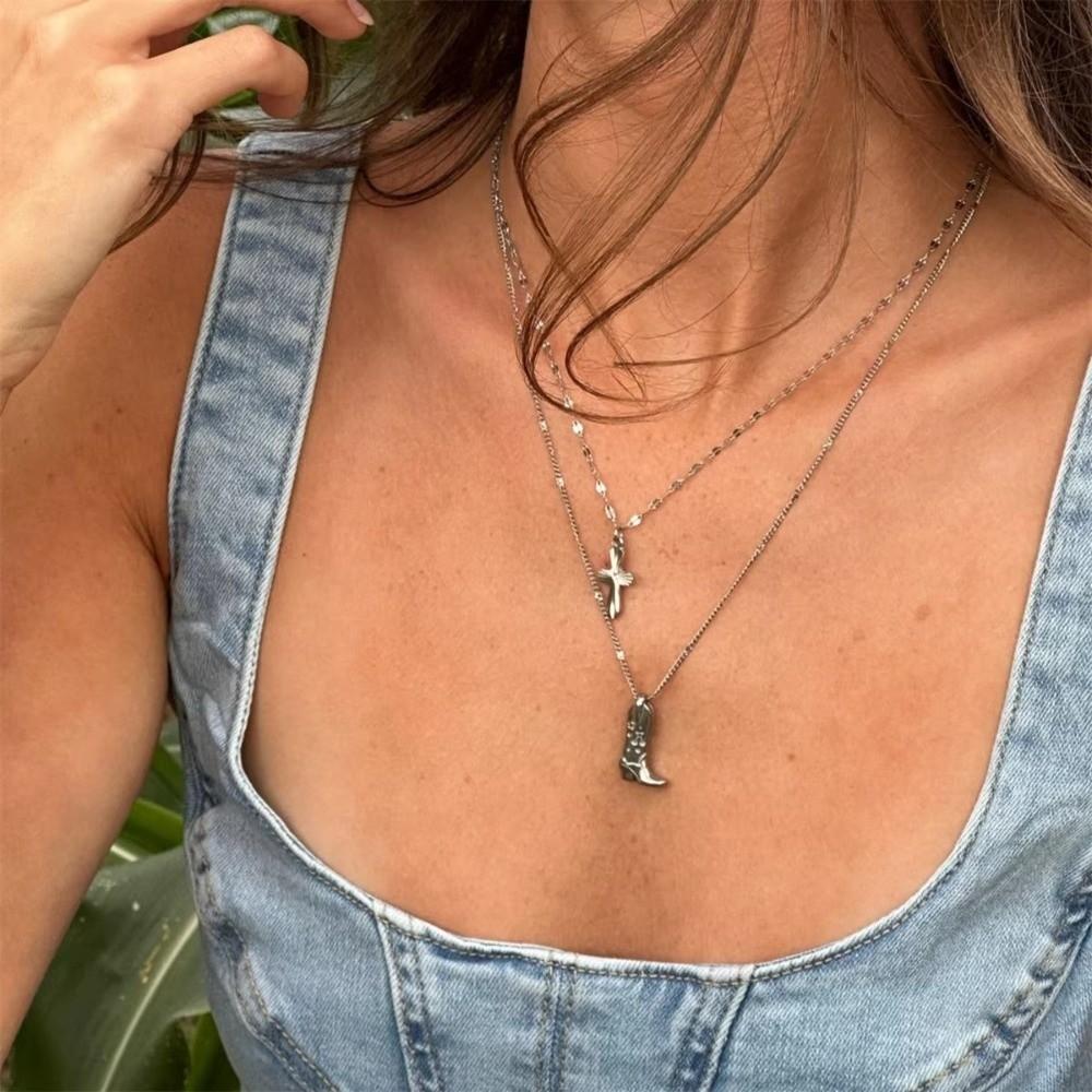 Silver Boot Cowboy Boot Necklace Stainless Steel Collarbone Chain Choker Necklace Pendant Unisex