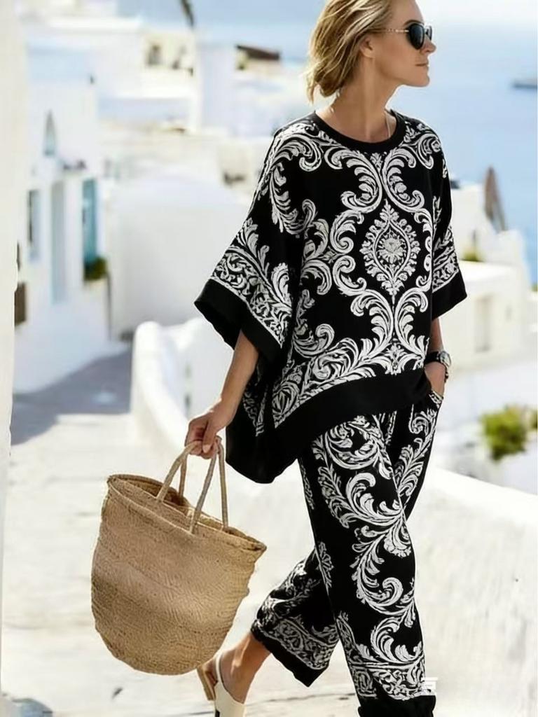26 Summer Crew Neck Bat Sleeve Printed Two-piece Set Women's Loose Casual Top High Waist Wide Leg Pants Vacation Style Set
