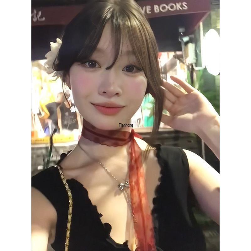 Damen Seidenschal im Vintage-Stil, rot, mit Spitzenkanten: Retro Lange Bandkette