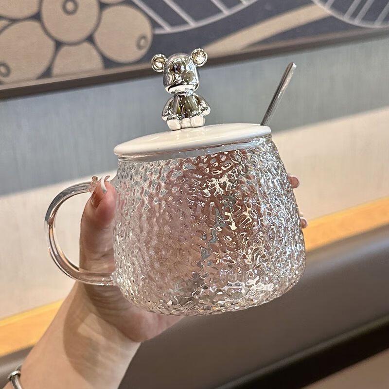 Jingxun Cute Bear Glass Mug with Lid and Spoon