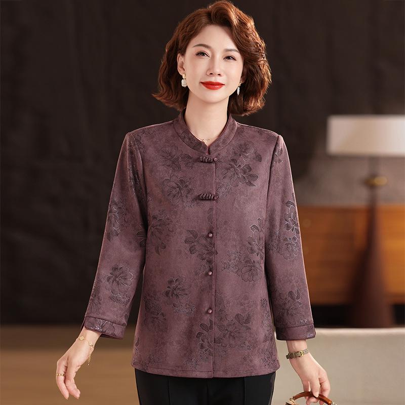 

Spring Long-Sleeve Tang Suit Shirt with Frog Buttons for Elderly Women 2XL (115-130 jin) фіолетовий