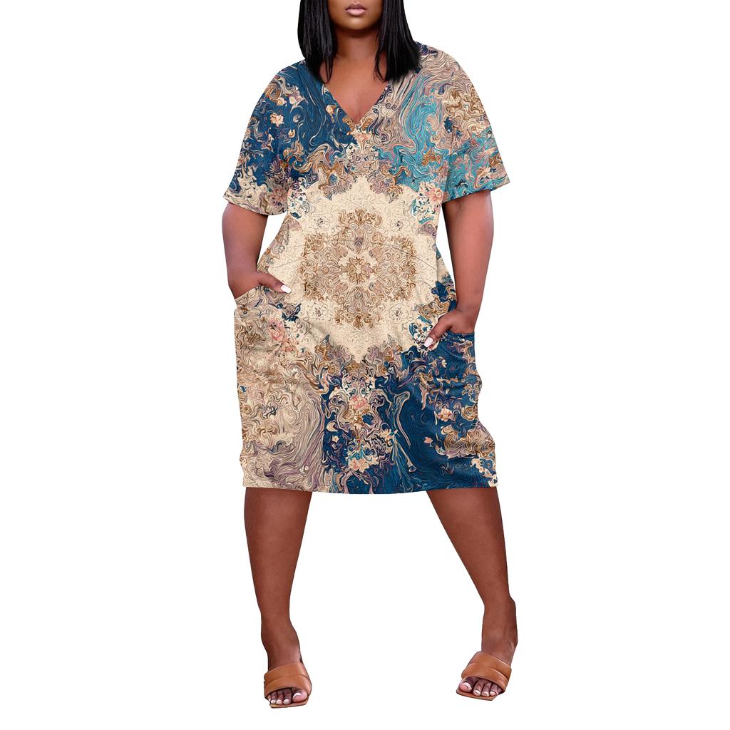 Letní nadměrné velikosti V výstřih krátký rukáv ke kolenům kapsa potisk ležérní šaty pro ženy