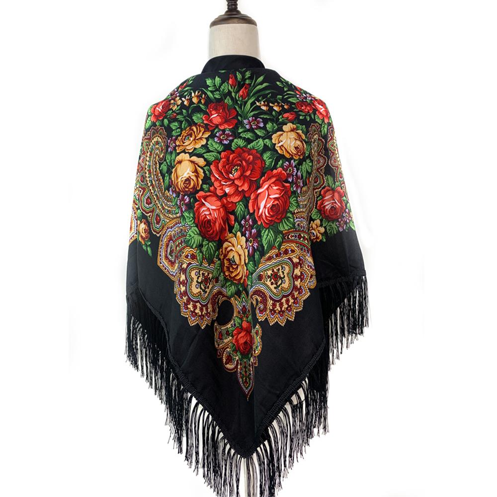 135*135Cm Russian Style Square Scarf For Women Luxury Floral Print Bandana Head Scarves Lades Fringed Shawl Headwraps Foulard