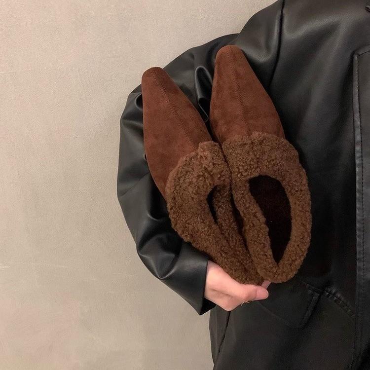 Mao Mao shoes 2025 autumn and winter new low-heeled versatile pointed tip fleece warm deep-mouth single shoes wool roll cotton ladyshoes