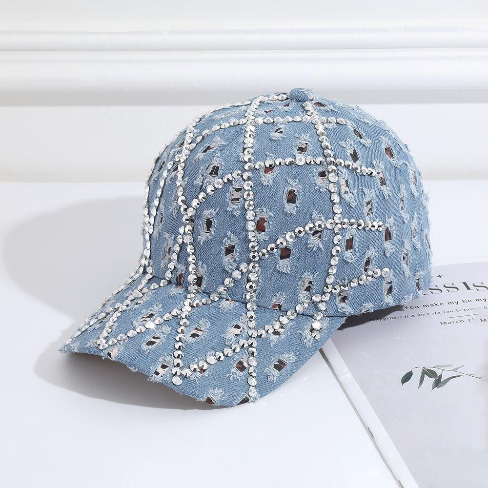 Sparkling Distressed Denim Baseball Caps Grid Sun Hats Fashion Rhinestone Baseball Cap for Women