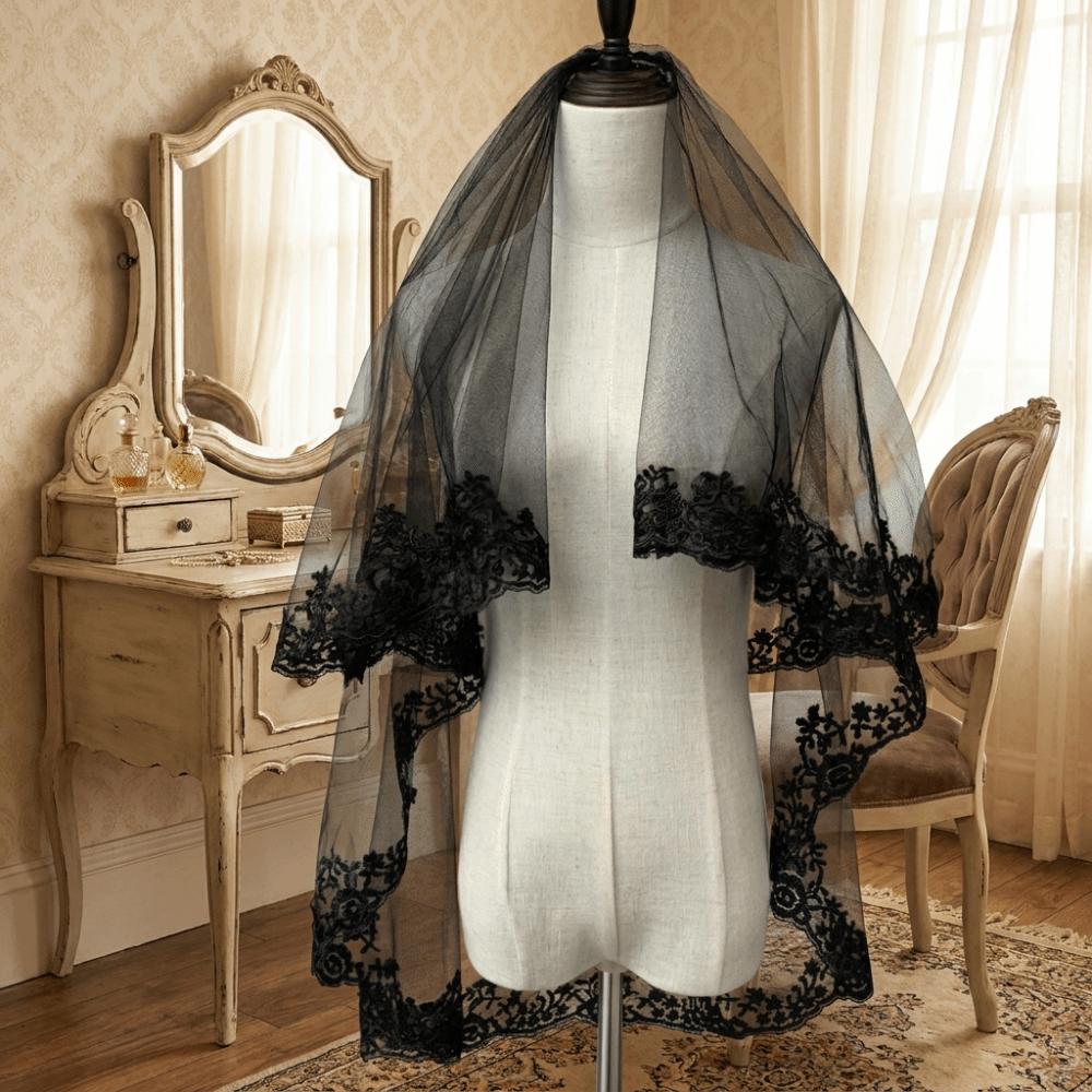 Double Layer Halloween Bridal Veil Long Length Lace Tulle Veil Ghost Bride Veil Wedding Ceremony
