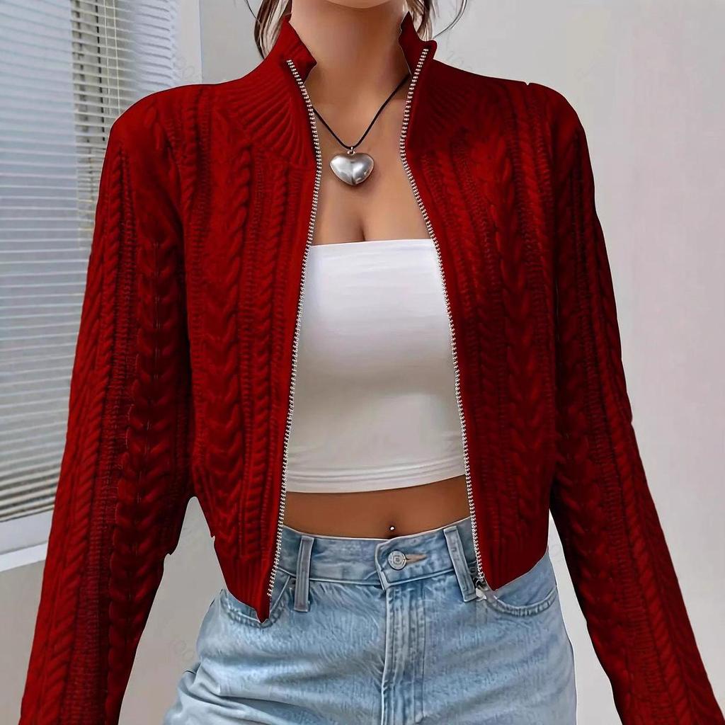 New Autumn and Winter Style Short Zipper Knitted Cardigan Sweater with A Stand-up Collar for Women, Versatile Small Coat