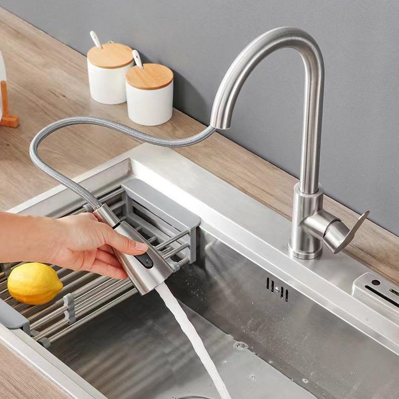 Stainless Steel Telescopic Rotatable Pull-Out Kitchen Faucet with Dual Water Outlets