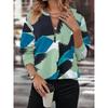 T-shirt da donna a maniche lunghe stampate a blocchi di colore autunnale Geometria Cerniera Scollo a V Streetwear Top da donna Ampi Abbigliamento casual