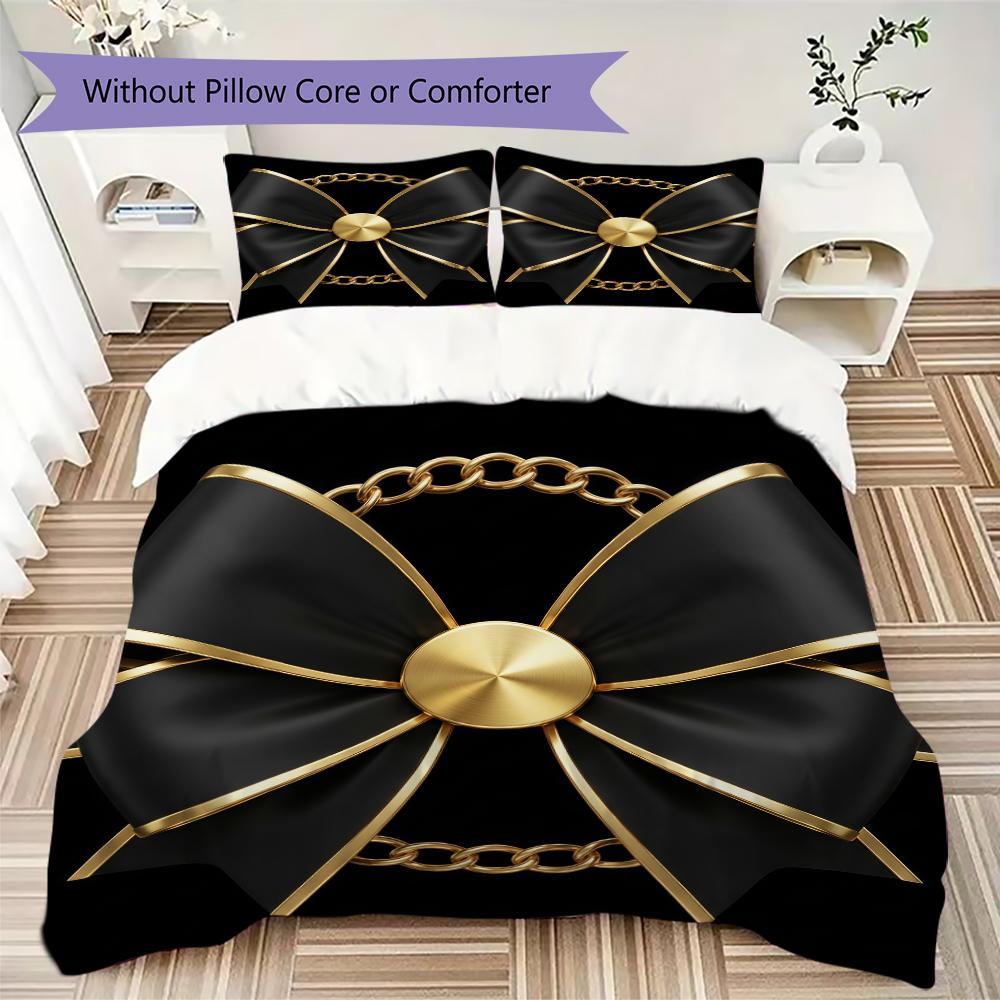 Minimal Black Bow Pattern Bedding Uilt Set Uilt Cover Pillowcase Home Decoration Birthday Gift (1 * Duvet Cover + 2 * Pillowcase Without Core)