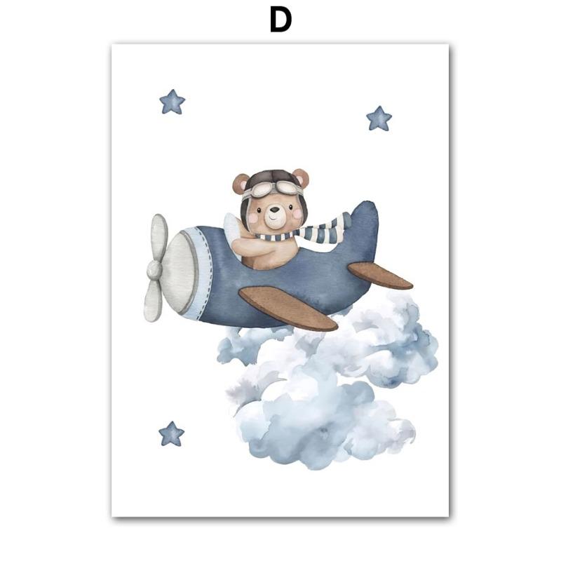 Boho Bear Aircraft Hot Air Balloon Cloud Nursery Posters Wall Art Print Canvas Painting Baby Kids Room Home Decoration Picture