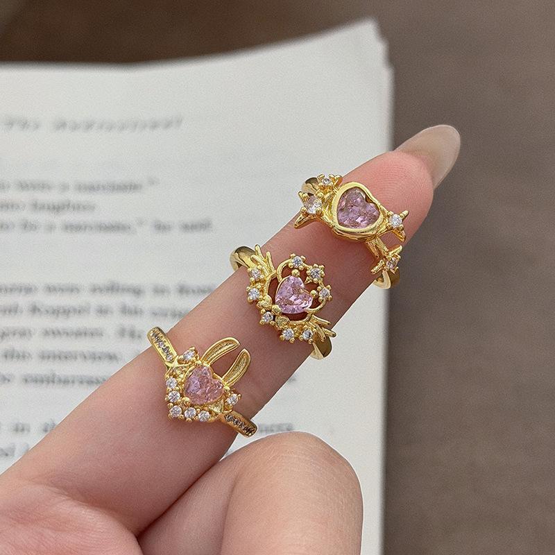 Light Luxury Dream Girl Heart Pink Love Colored Treasure Zircon Rabbit Wing Open Ring Starlight Stacked Index Finger Ring