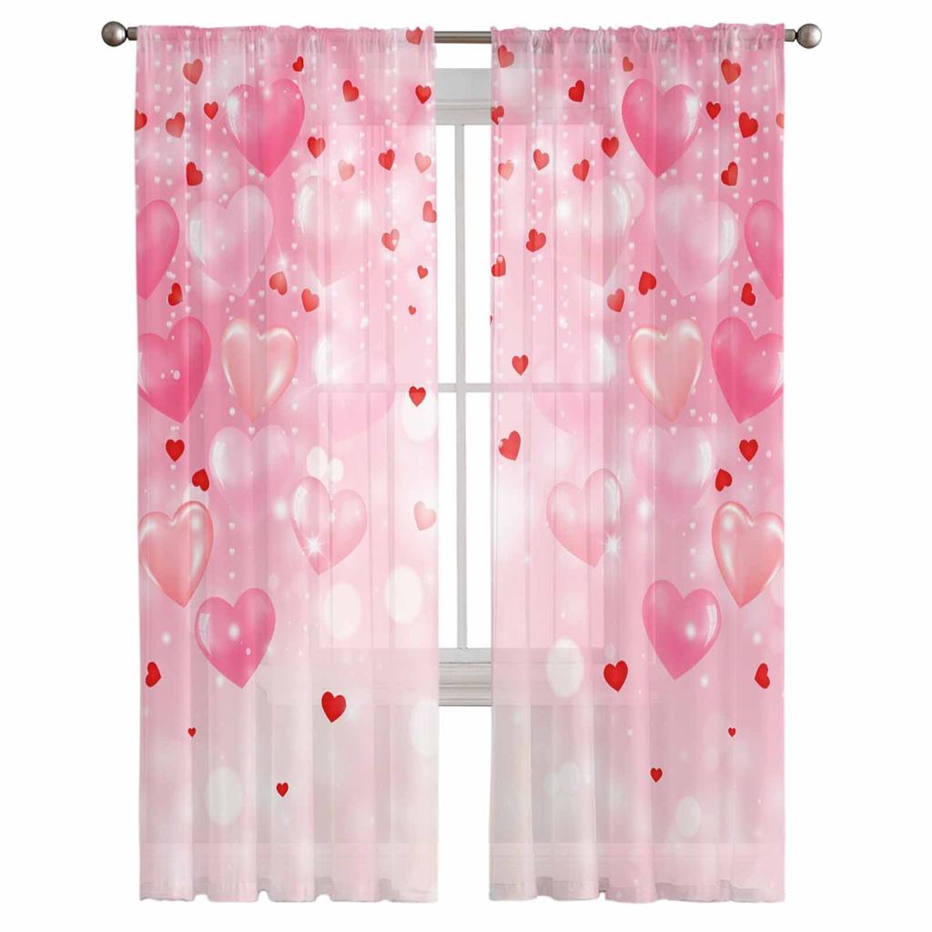 Valentine'S Day Pink Love Sheer Curtain Living Room Drapes Home Bedroom Voile Curtain Tulle Window Curtain