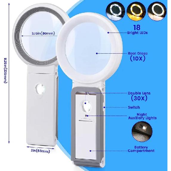 30X 10X Vergrößerungsglas mit Licht und Ständer Faltbares Hand-Vergrößerungsglas 18 LED Beleuchtetes Vergrößerungsglas zum Lesen