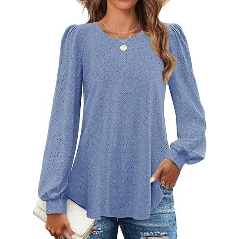 Women's Fashion Casual Solid Color Print Long Sleeve O Neck Blouses & Shirts