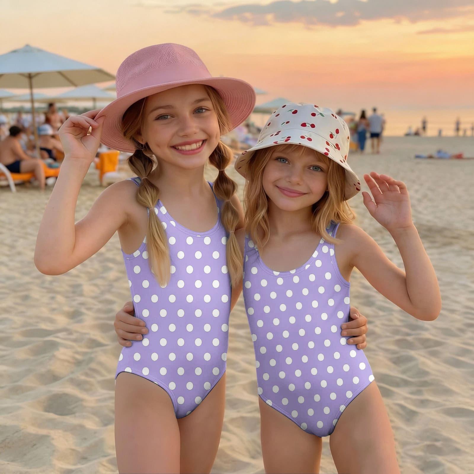 

Girls One Piece Swimsuit Polka Dot Print Sleeveless Casual Swimwear for Summer Beach Pool Use Comfortable Fit 140 фиолетовый