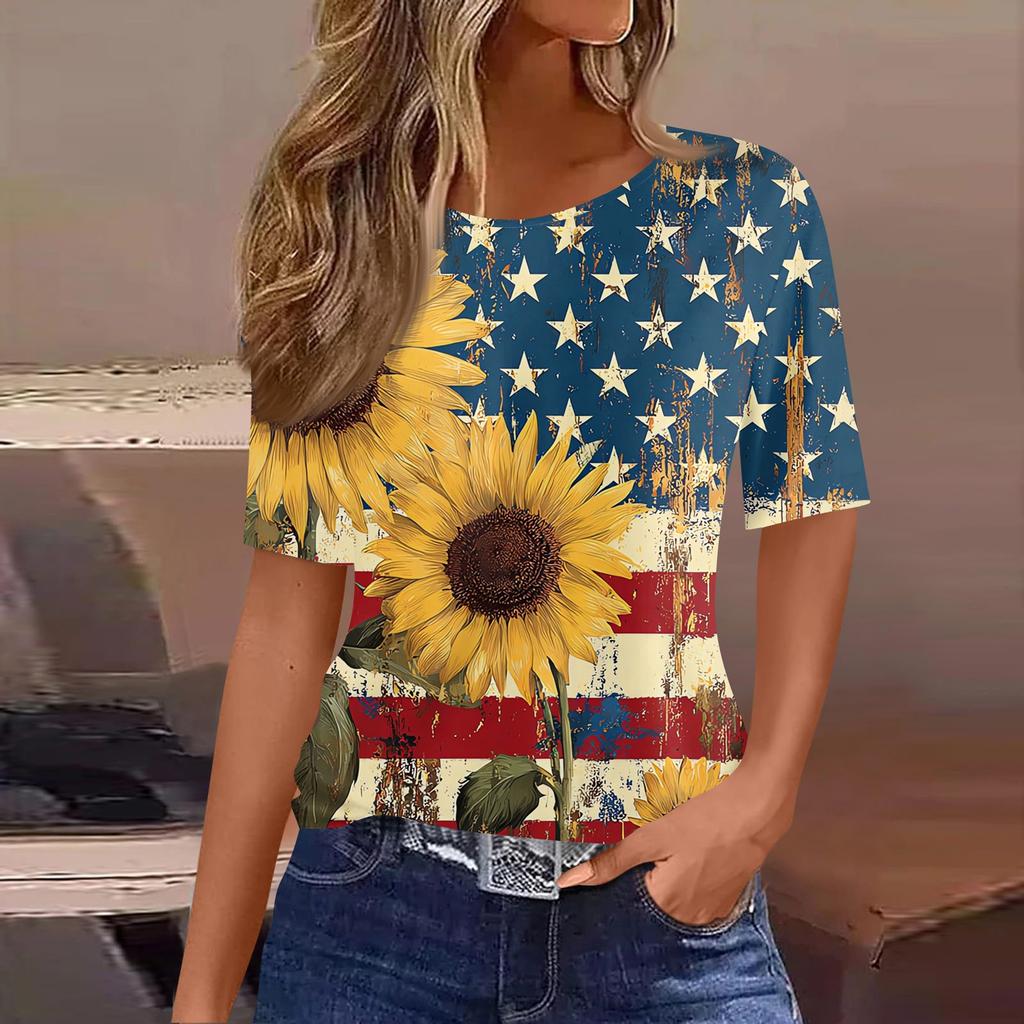 Damski modny, swobodny, krótki rękaw, nadruk, okrągły dekolt, bluzka typu pullover