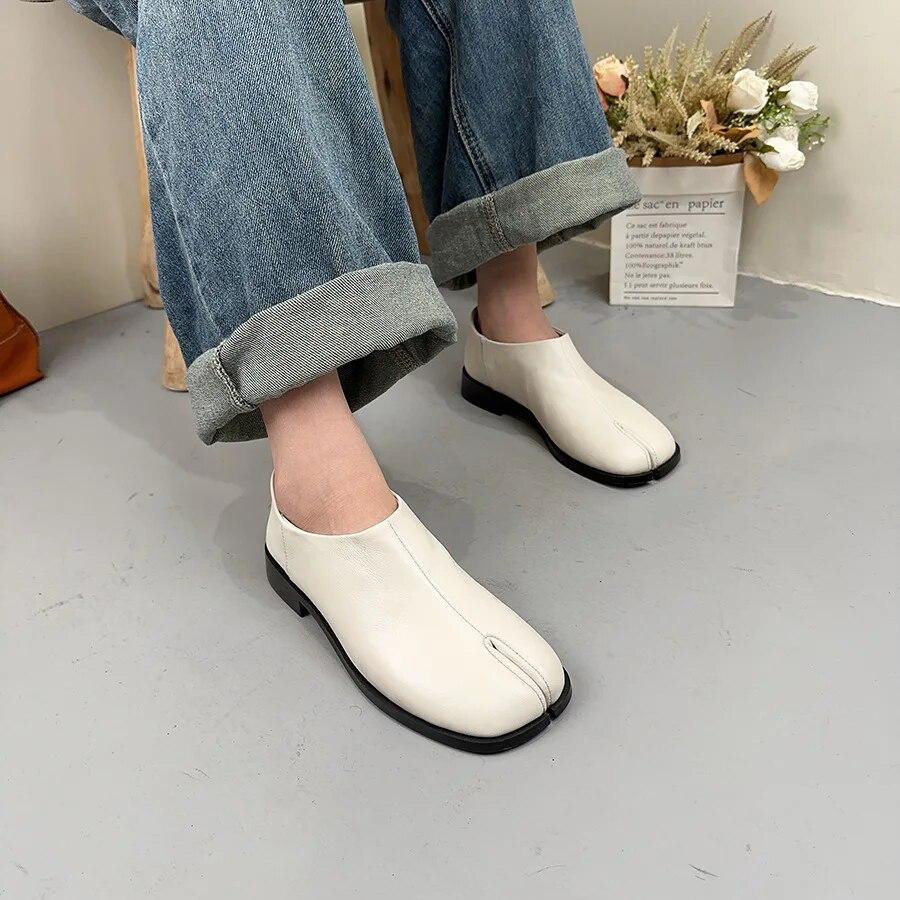 Johnature Düz Renk Hakiki Deri Topuklu İngiliz Tarzı Ayrık Toe Çok Yönlü Alçak Topuk Kadın Ayakkabı