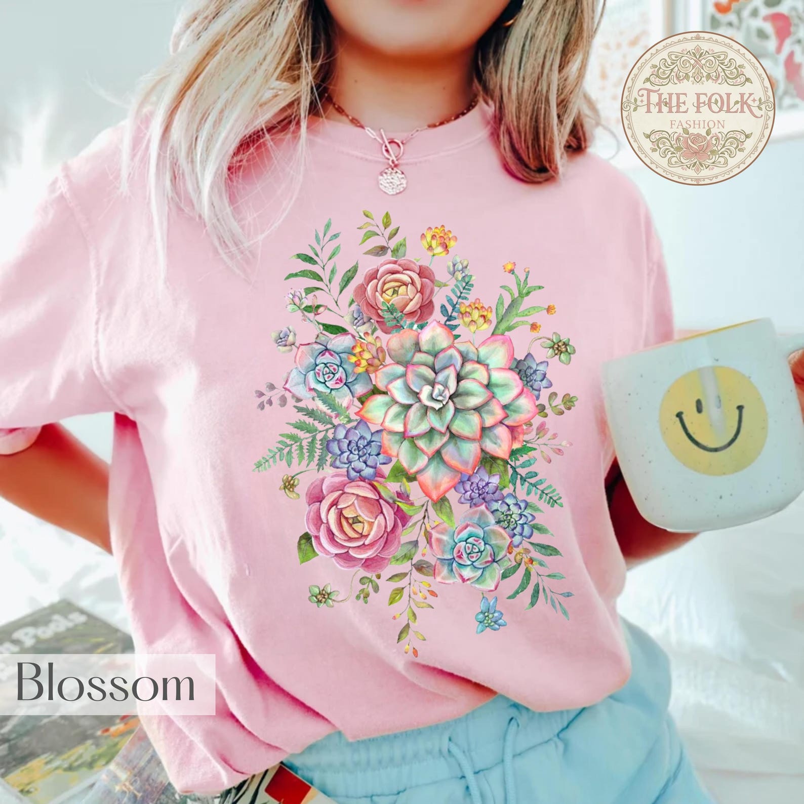 Succulent Garden Shirt, Watercolor Botanical Flower Tee, Pastel Desert Plant T-Shirt, Nature Lover Gift, Pink Gardening Tshirt 3XL