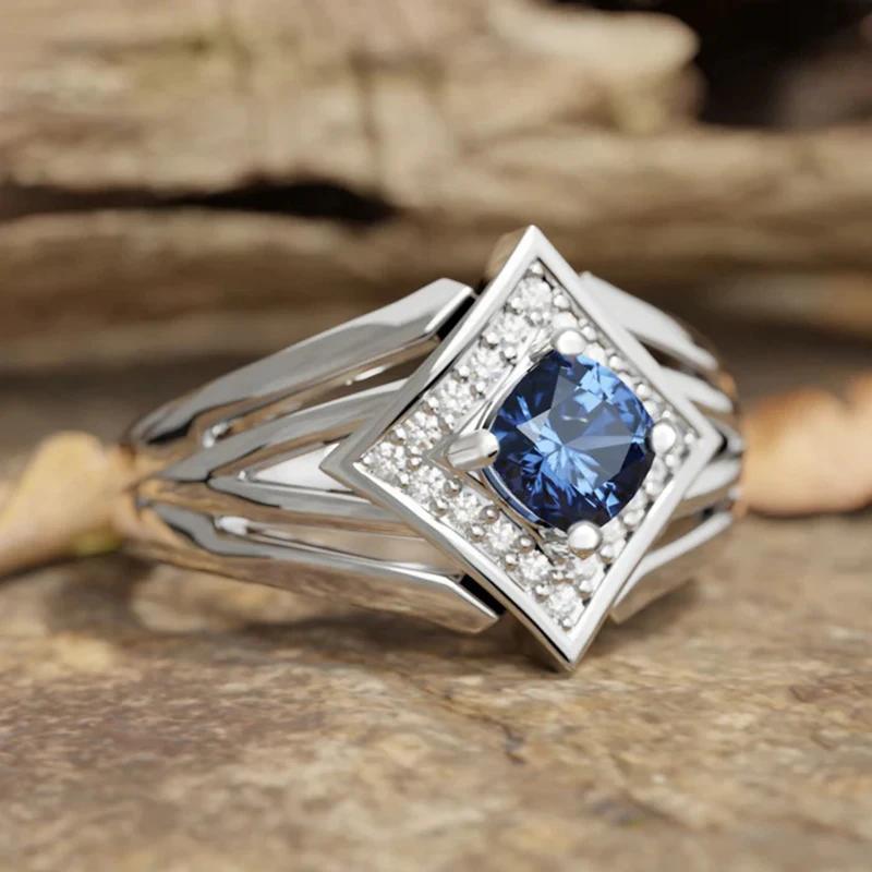 Exquisite Creative Blue Cubic Zirconia Rings Female Brilliant Novel Accessories for Lady Charms Attractive Party Jewelry