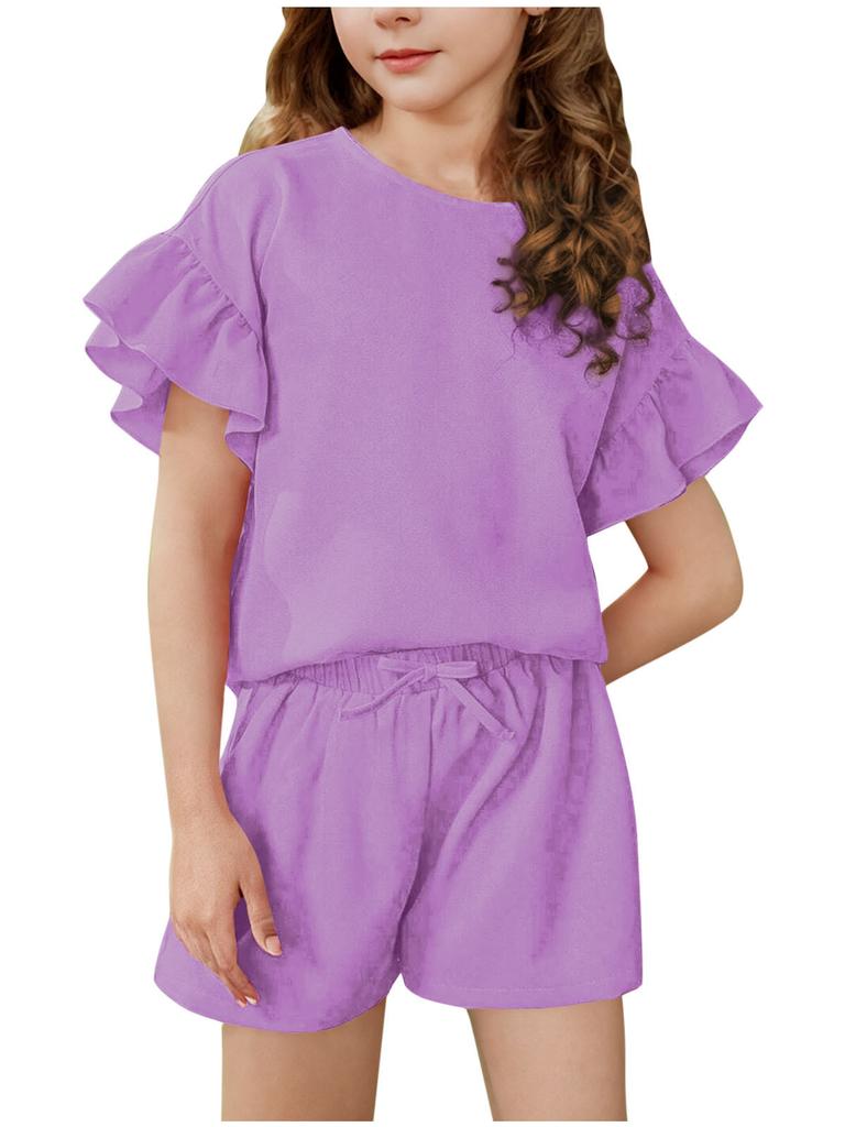 Girls' Summer Casual Set: Lightweight Solid-Color Casual Sports Top with Short Sleeves and Round Neck + Shorts (2-Piece Set)
