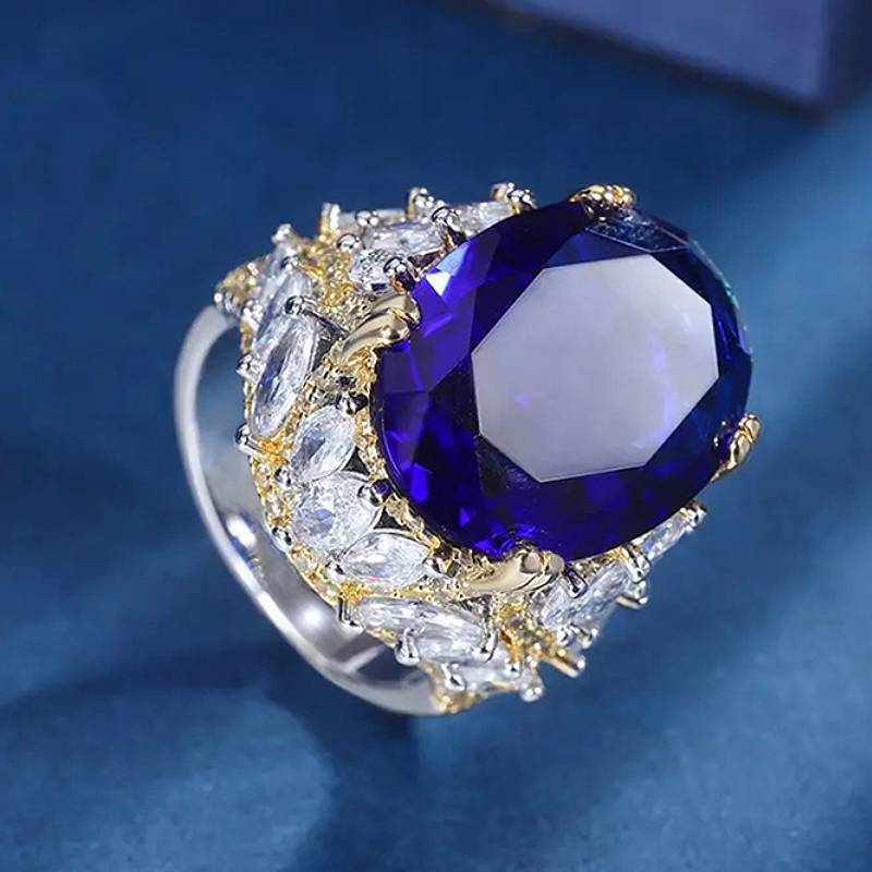 

Huitan Luxury Women Two Tone Ring Gorgeous Lady Party Elegant Accessories Inlaid Shiny Blue Oval CZ Noble Fashion Zircon Gift 10