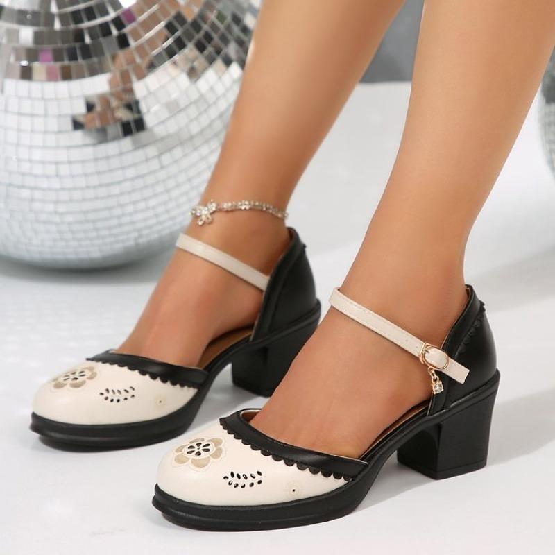 Fashion Chunky Heel Shoes Spring New Round Head Light Mouth Color Hollow-out One Word Buckle Waterproof Platform Chunky Heel Shoes