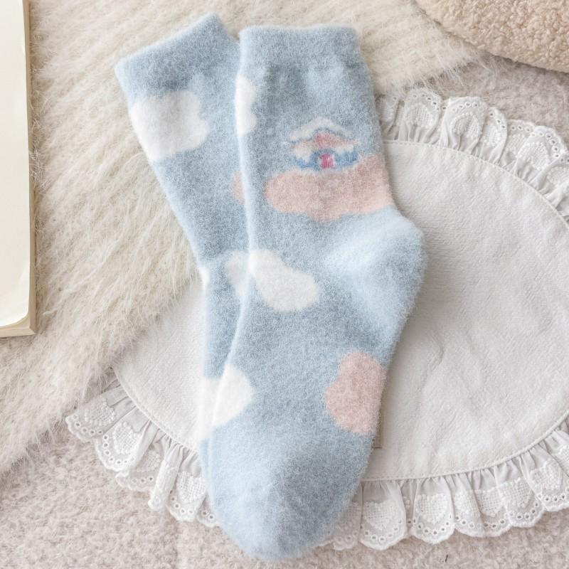 

Blue Snowman Plush Socks for Women s Autumn and Winter Mid-calf Socks with Fleece and Thickened Fur Socks, Cute Cartoon Sleeping Socks 1 pair