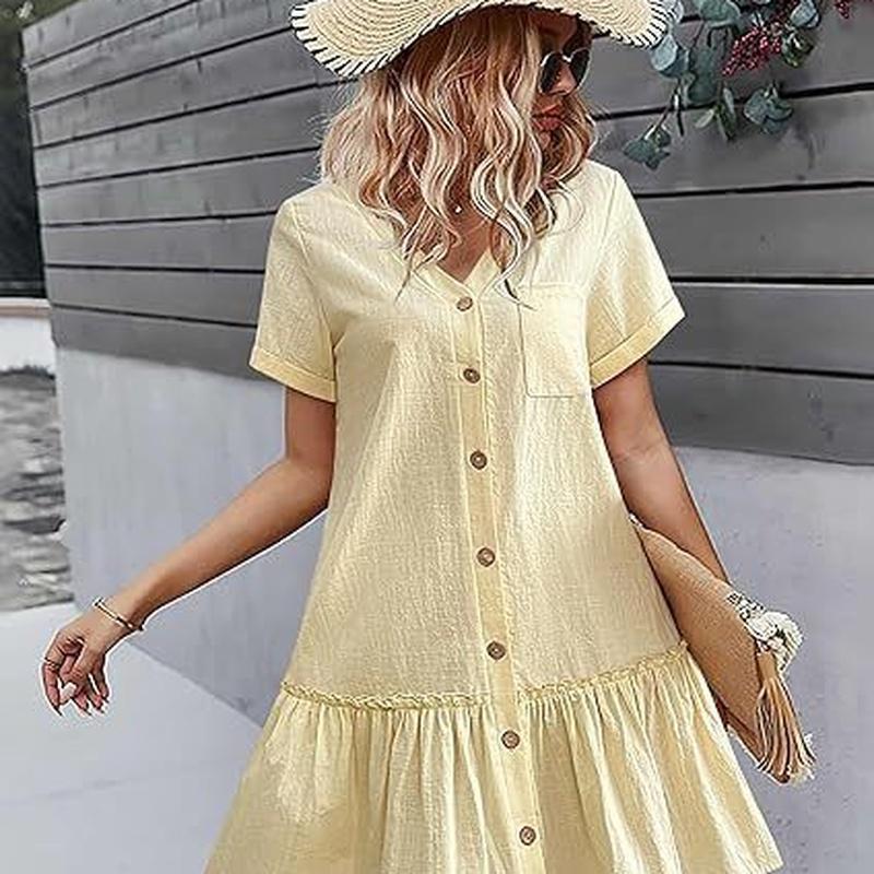 Women's V Neck Button Front Ruffle Hem Midi Dress Short Sleeve Casual Dress