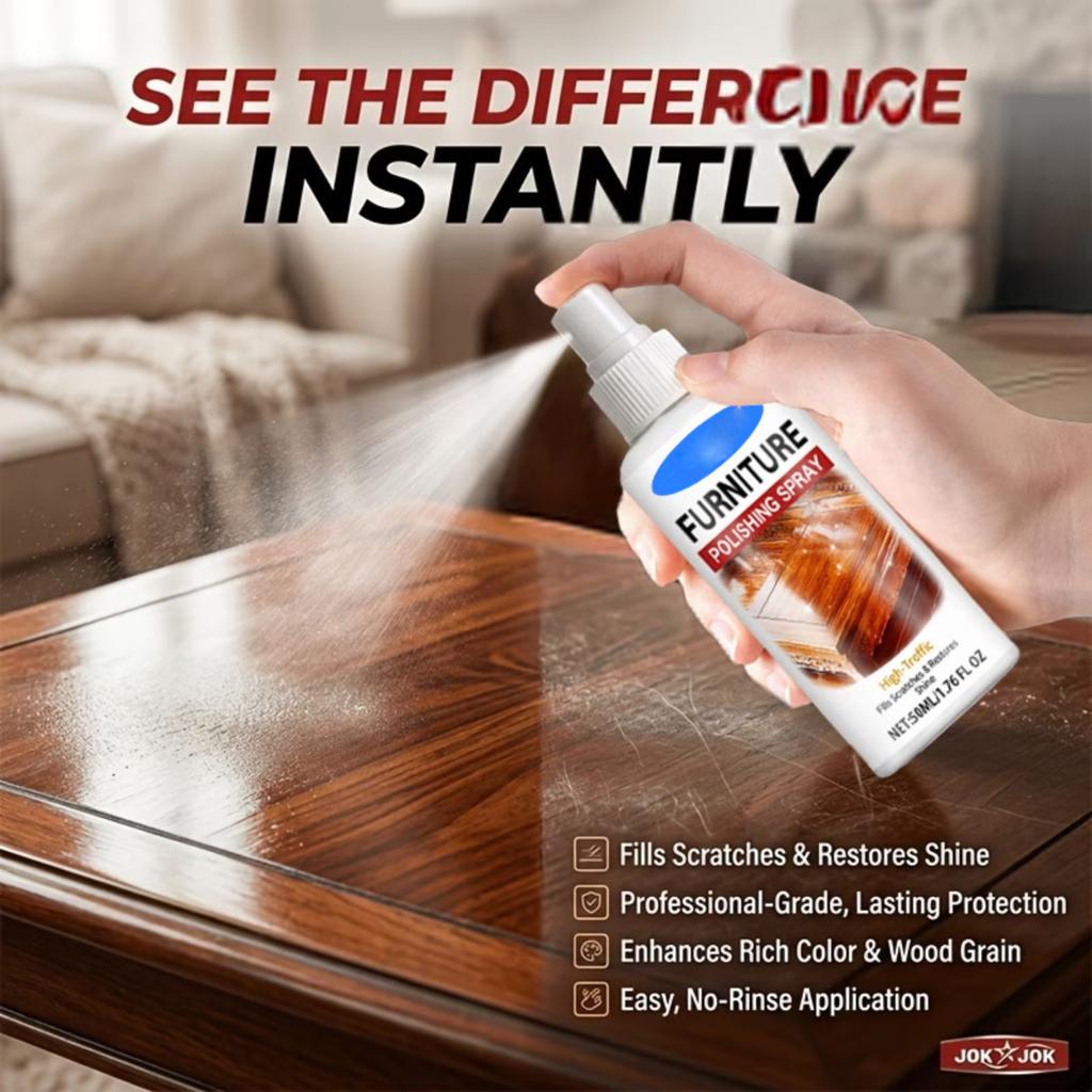 Furniture Polishing Spray 50ml High Traffic Surface Cleaner Scratch Remover and Shine Restorer for Wood and Laminated Surfaces