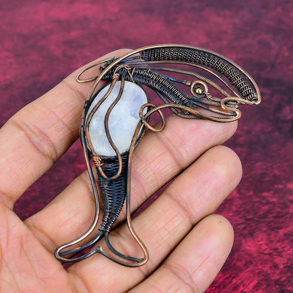Rainbow Moonstone Pendant Fish Design Pendant Copper Wire Wrap Gemstone Jewelry