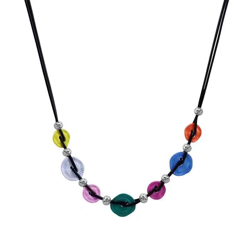 Black rope colorful button necklace female sweet cool hot girl niche design personalized tide autumn and winter sweater chain collarbone chain