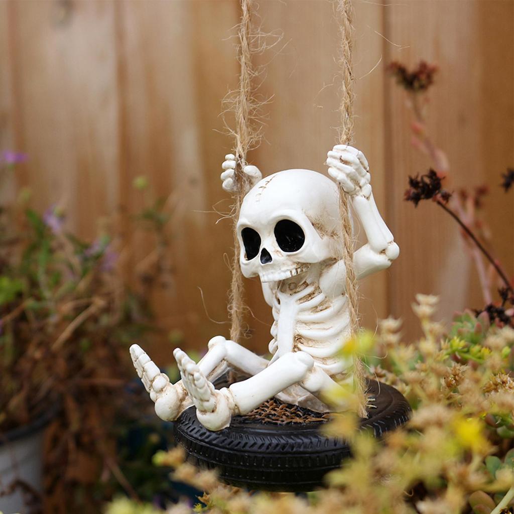 Skeleton Figurines For Halloween Decorative Sculpture For Patio Skeleton Tire Swing Figurine Hangable For Walls Ceilings Porch