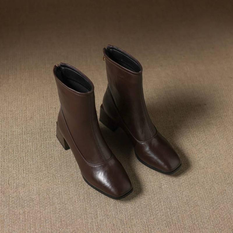 New Medium Heel Women's Medium Boots Solid Color Square Head Fashion Boots Women's Rear Zipper Large Size Women's Boots Korean Version Comf
