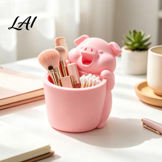 Cute Pig Storage Organizer 3D Printed Shaped Pen Cartoon Piggy Pot Holder Large Capacity Pencil Holder Makeup Brush Organizer