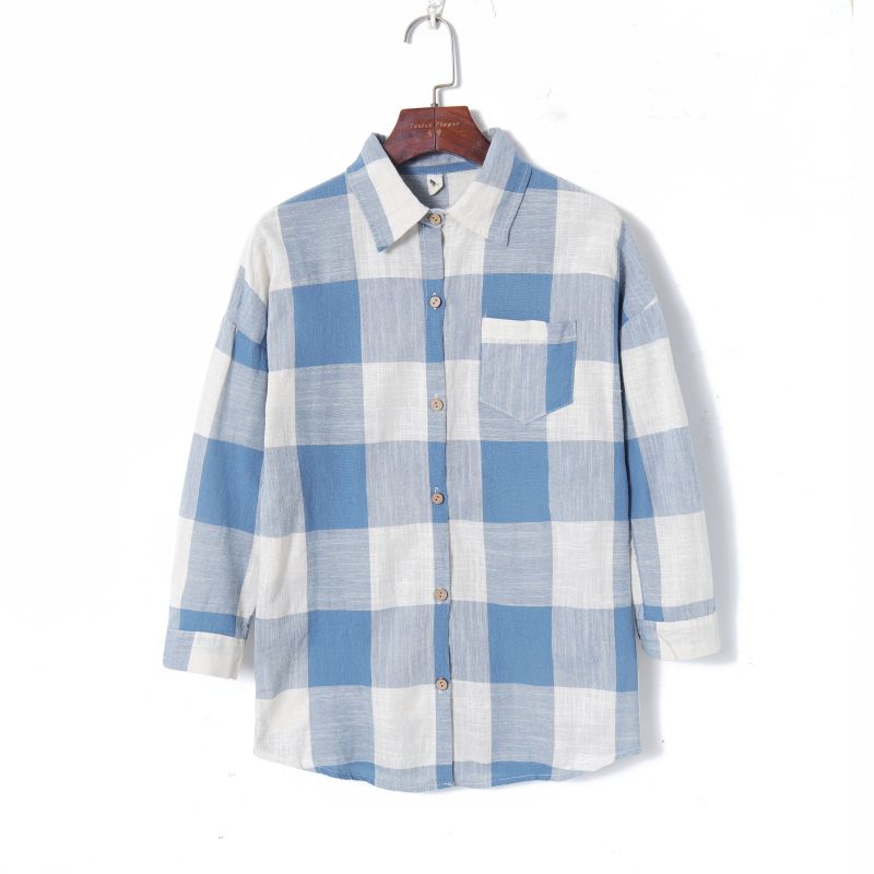 

2023 Women s Spring Clothing Fashion K-style Color Matching Plaid Elegant Lapel Single Breasted Loose Long Sleeves All-Matching Shirt Shallow blue lattice L