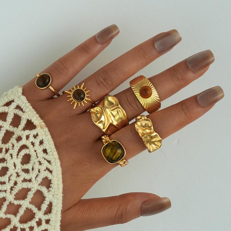 Fashion Brown Stone Irregular Opening Rings Set for Women Luxury Gold Color Wrinkled Lines Finger Rings Personality Wear Zircon