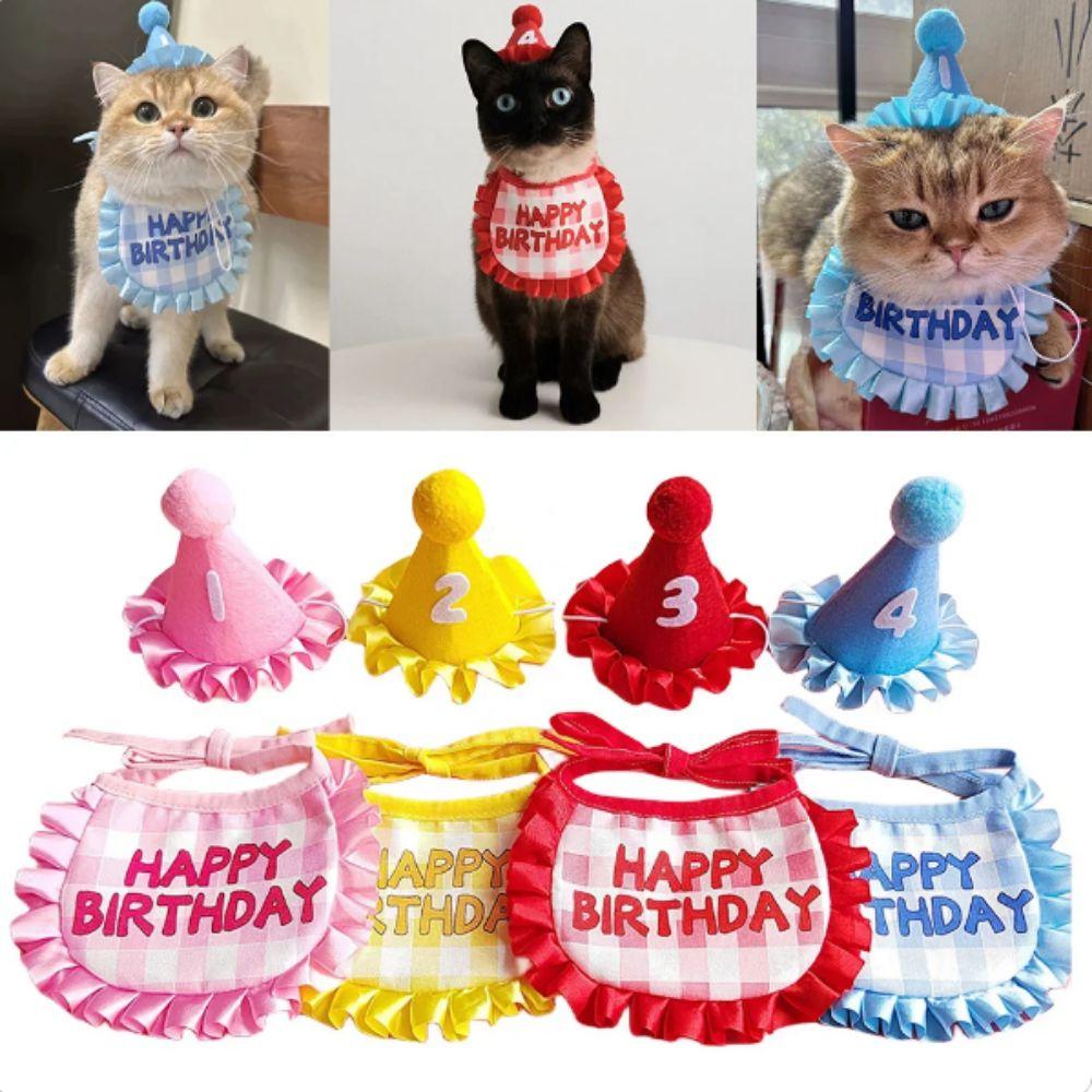 Soft Cat Birthday Scarf Hat Set with Digital Stickers Cat Saliva Towel Birthday Party