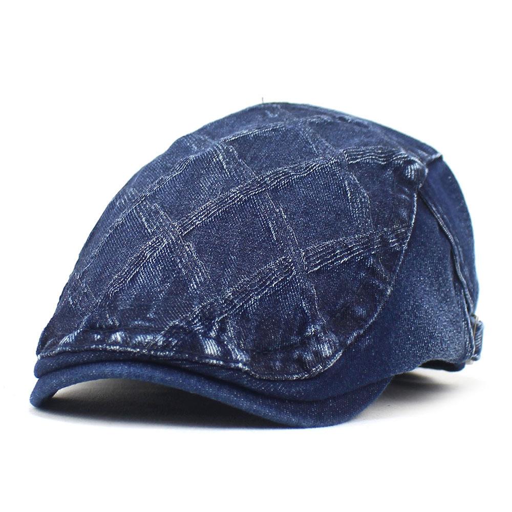 

New beret rhombus plaid cap blue denim hat fashion men s and women s forward hat M（56-58cm） темно-синього кольору