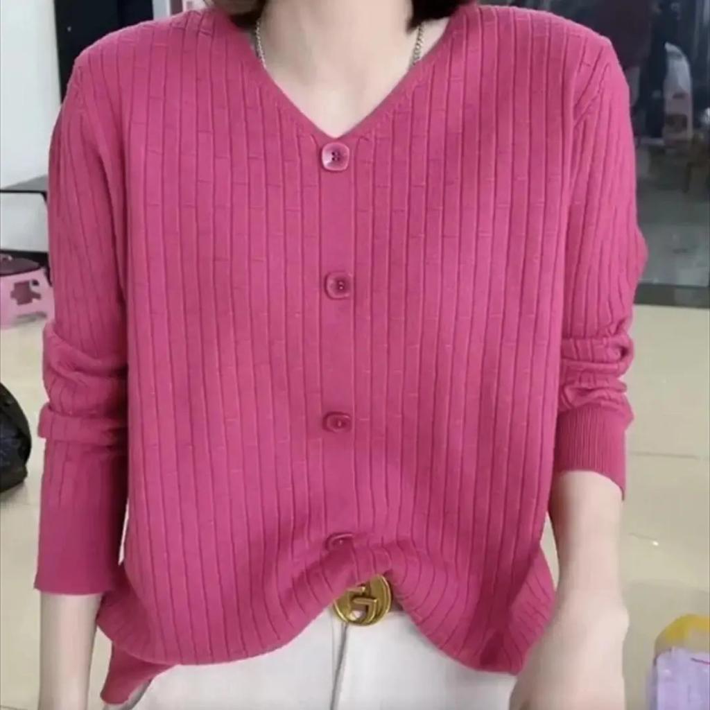 Hollow Out V Collar Long Sleeved Knitted Sweater Autumn Loose Striped Base Shirt for Women