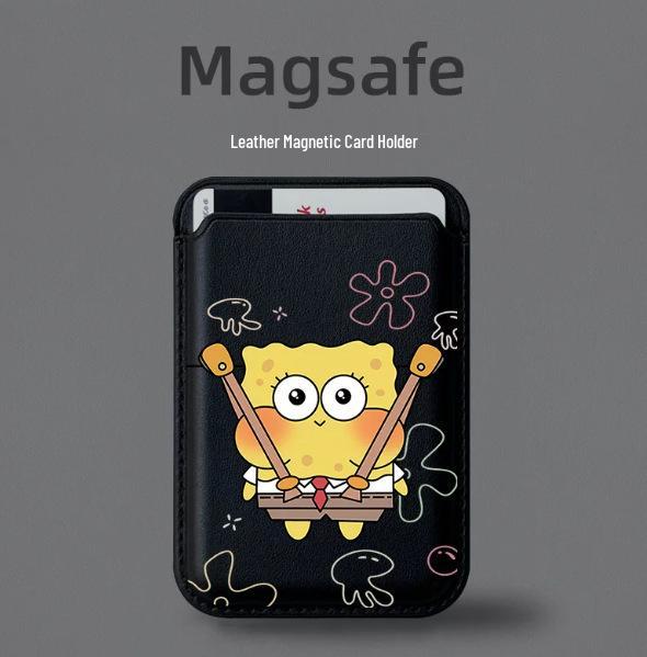 SpongeBob MAGsafe Leather Card Holder Case for Apple Phones