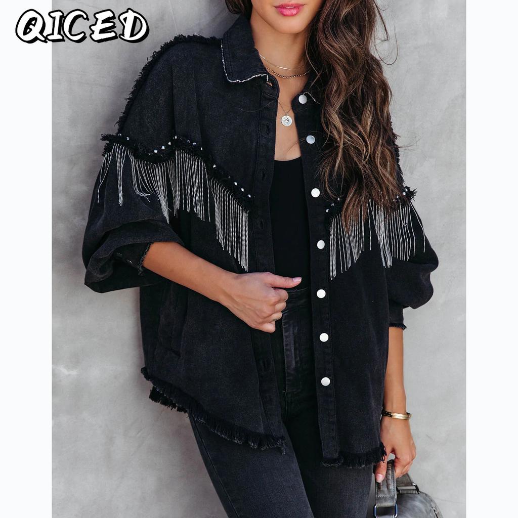 QICED Damen Vintage Casual Solid Color Print Herbst Winter Langarm POLO Neck Jacken & Mäntel