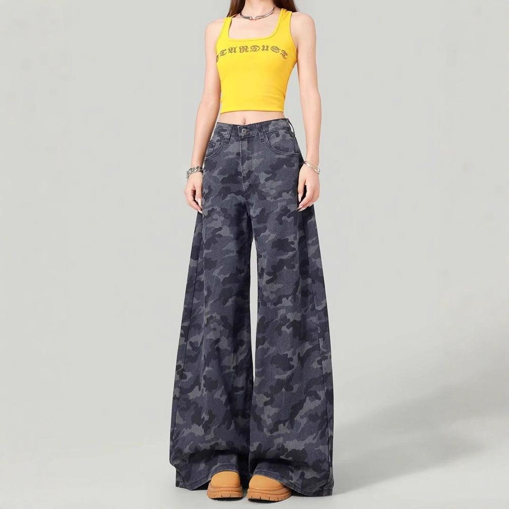 Comfortable Work Trousers Women's Models Camouflage Jeans Women's Loose High-waisted Small People Straight Draped Wide-leg Trousers Long Denim Pants