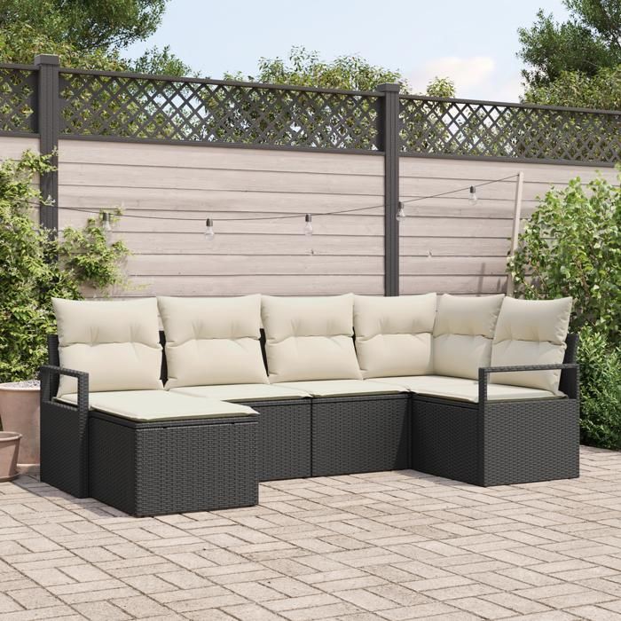 Ensemble de canapé de jardin 6 pièces vidaXL avec coussins noir poly rotin, Canapé de jardin 2 places vidaXL avec coussins 3346447